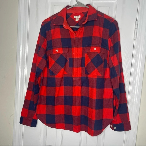 J. Crew Factory Red Blue Buffalo Check Flannel Shirt XS 1/2 Zip Front - Picture 1 of 7